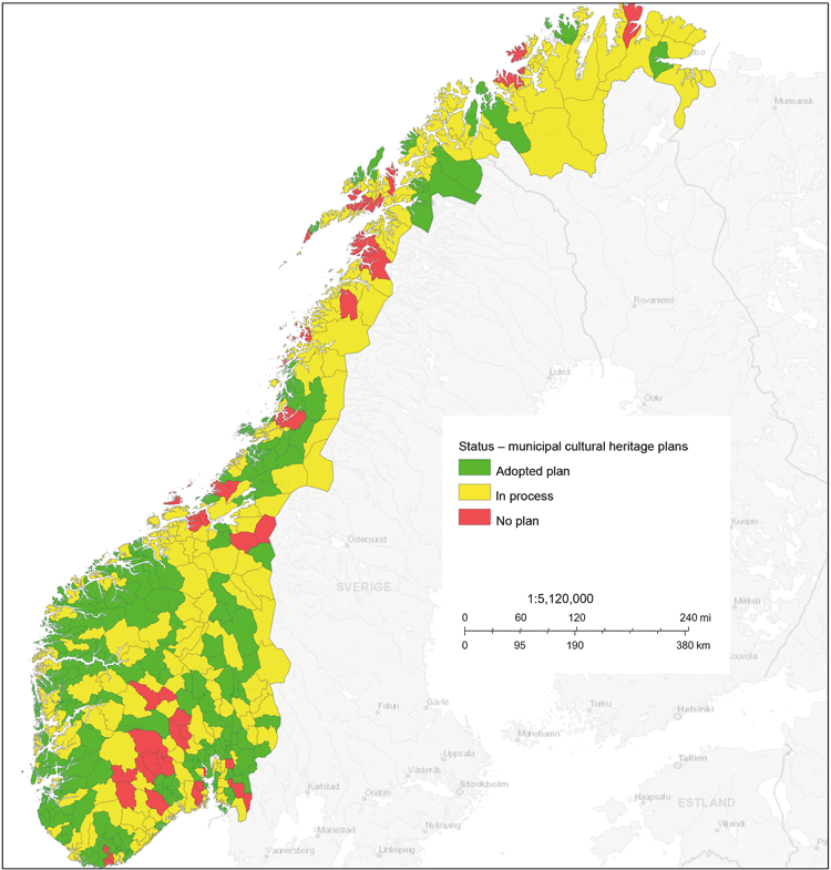 Figure 9.11 Map showing the status for municipal cultural heritage plans in Norway.