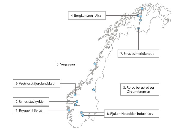 Figur 12.1 Norges verdensarvområder.