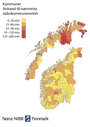 Figur 4.2 Avstand til nærmeste nabokommunesenter