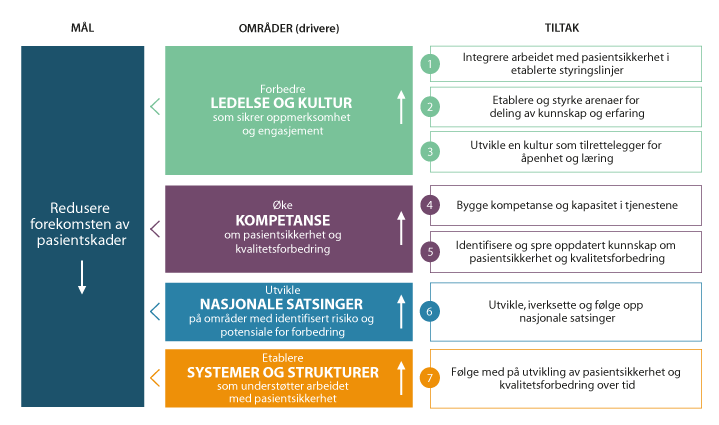 Figur 9.3 Hovedelementene i Nasjonal handlingsplan for pasientsikkerhet og kvalitetsforbedring