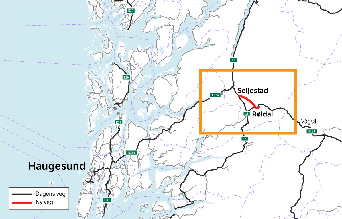 Figur 2.1 Oversiktskart for prosjektet E134 Røldal–Seljestad
