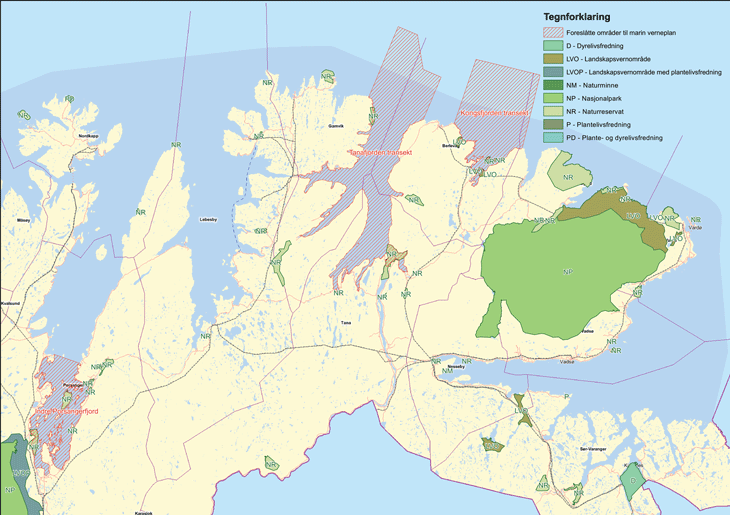 Figur 4.15 Kart over naturvernområder og foreslåtte områder til marin verneplan øst for 26°Ø
