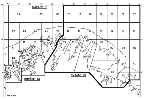 Figur 4.3 Fiskeridirektoratets statistikkart over Finnmark med inndeling i områder og lokasjoner
