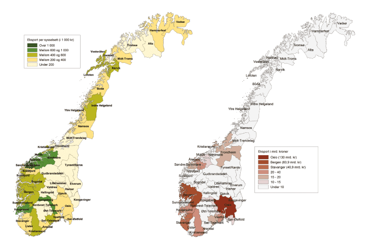 Figur 2.11 Eksporttal i 46 regionar1 i 2009 totalt2 og per sysselsett