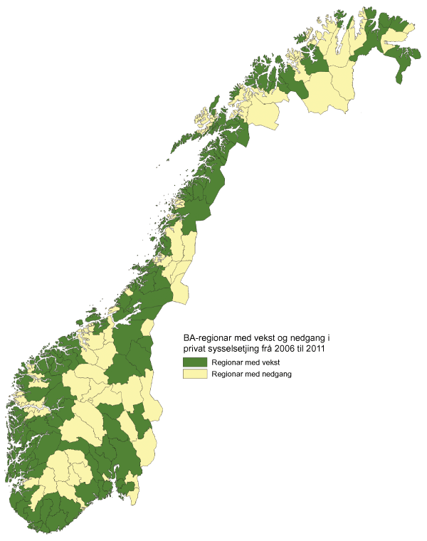 Figur 6.2 Bu- og arbeidsmarknadsregionar med vekst og nedgang i privat sysselsetjing frå 2006 til 2011