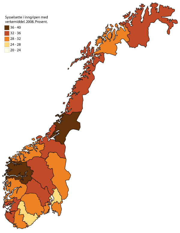 Figur 6.3 Sysselsette i innovasjonsaktuelle næringar etter fylke. 2008. Prosent av sysselsetjinga i bedrifter med tilsegn frå Noregs forskingsråd, ny tilsegn frå Innovasjon Noreg, godkjent SkatteFUNN-frådrag eller lokaliserte i SIVA-anlegg