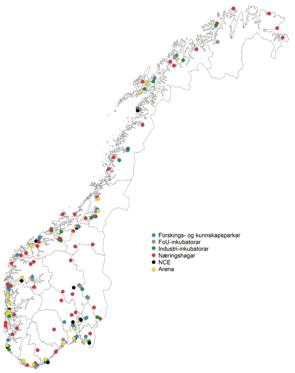 Figur 6.5 Kart over innovasjonsnettverket i regi av SIVA (2012) og NCE- og Arenaprosjekt i perioden 2002–2012