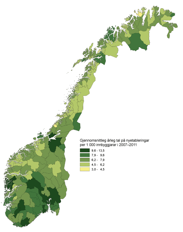 Figur 6.6 Gjennomsnittleg årleg tal på nyetableringar per 1 000 innbyggjarar i 2007–2011, ekskl. offentleg sektor og primærnæringar