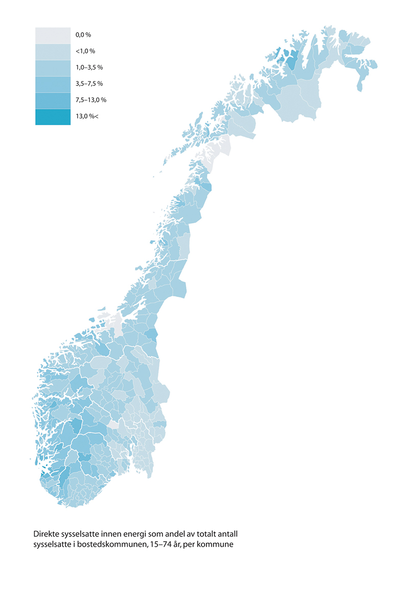 Figur 2.4 Sysselsetting i energisektoren, direkte sysselsatte som andel av totalt antall sysselsatte i bostedskommunen.