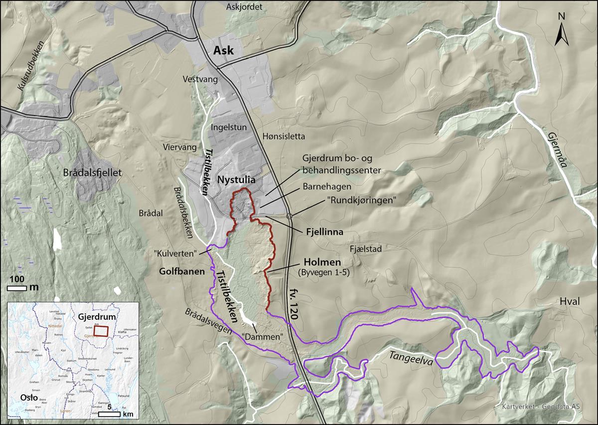Kart over Ask med løsneområde (rød linje) og utløpsområde (lilla linje) fra 30. desember 2020 tegnet inn. En del av stedsnavnene og lokalite-tene omtalt i rapporten er markert. Grunnlagskart fra Kartverket.