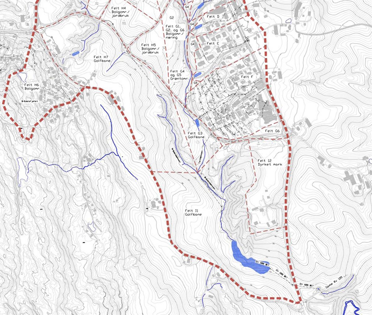 Utsnitt fra kart over fremtidig situasjon fra Asplan Viaks plan for overvannshåndtering (Asplan Viak, 2009)