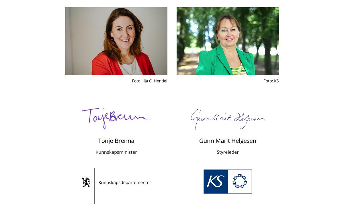 portrettfoto av Kunnskapsminister Tonje Brenna, Styreleder i KS Gunn Marit Helgesen. Signaturene deres og logoene
