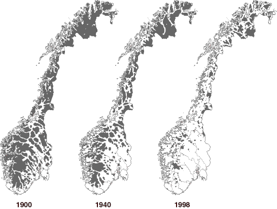 Figur 4.1 Utbredelse av villmarkspregete områder i 1900, 1940 og 1998