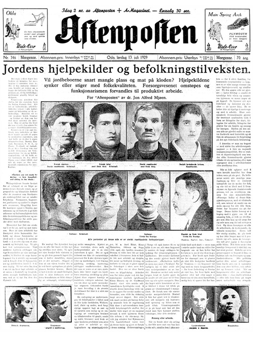 Figur 4.4 Faksimile av forside i Aftenposten, 13. juli 1929.