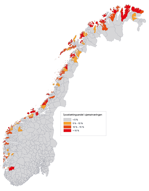 Figur 3.9 Andel sysselsatte i sjømatnæringen, (fangst og fiske, fiskeoppdrett, fiskeforedling), fordelt på kommunenivå.