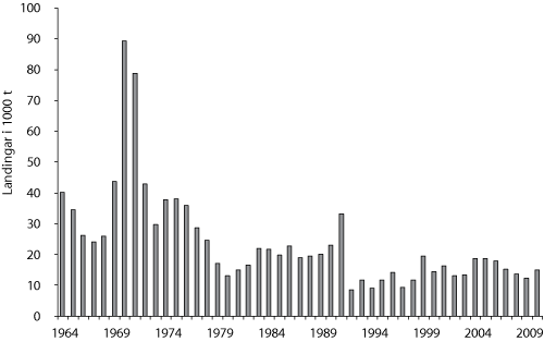 Figur 4.5 Utviklinga av totale fangst av blåkveite 1964 – 2009. Tal for 2010 er venta fangst