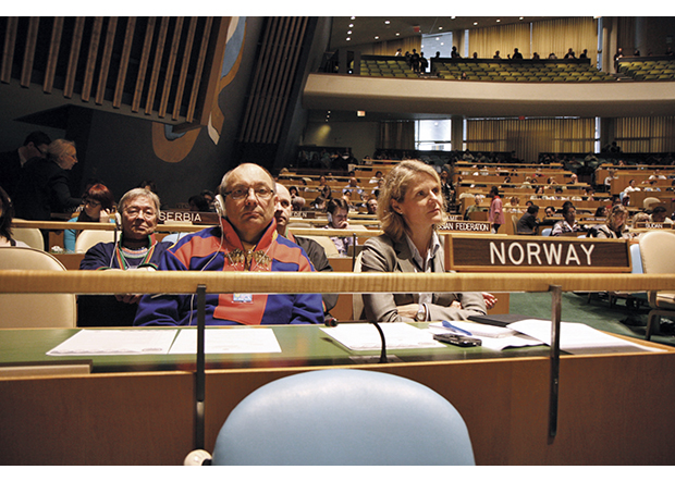 Figure 3.3 President of the Sámediggi (the Sami Parliament), Egil Olli, and Ambassador Tine Mørch Smith from Norway’s Mission to the United Nations at the opening of the UN Permanent Forum on Indigenous Issues, 2011.