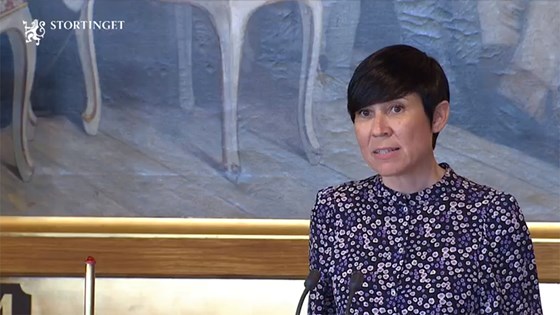 Utenriksminister Ine Eriksen Søreide holder under redegjørelsen for Stortinget.