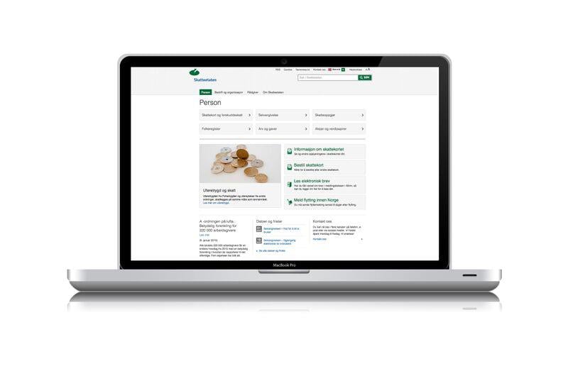 Bærbar PC med bilde av Skatteetaten på skjermen