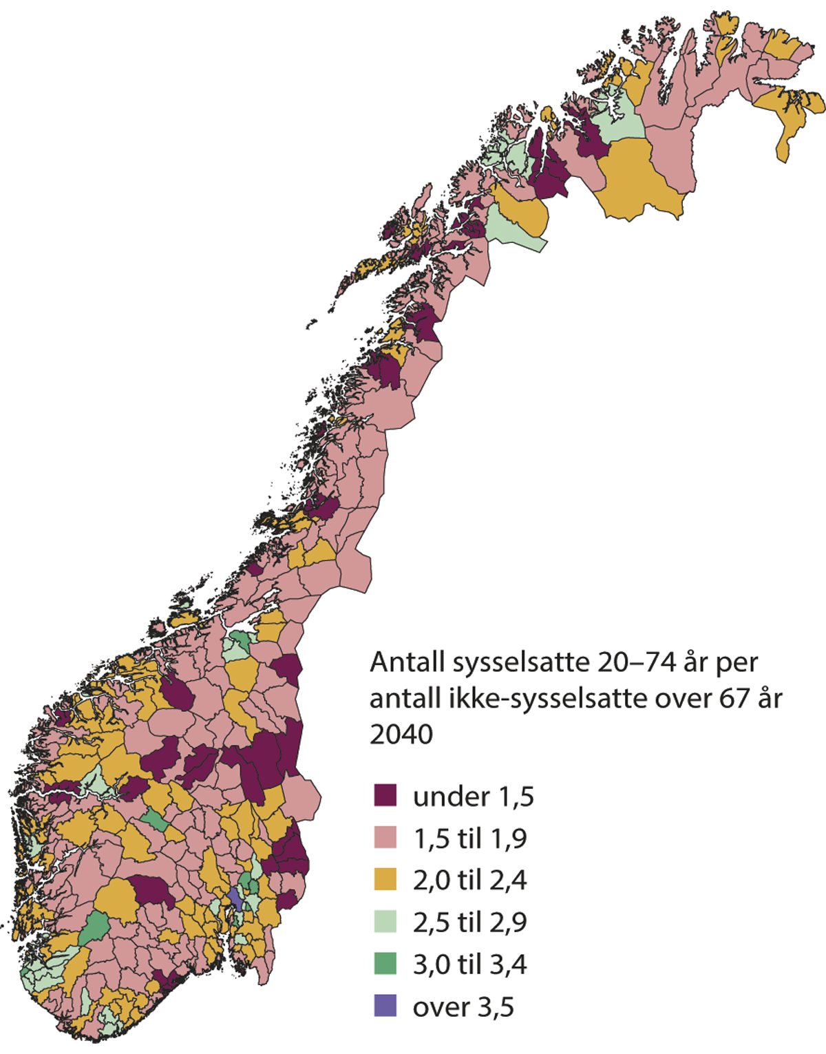 Figur 2.2 Tal på sysselsette 20–74 år per ikkje-sysselsett over 67 år i 2040