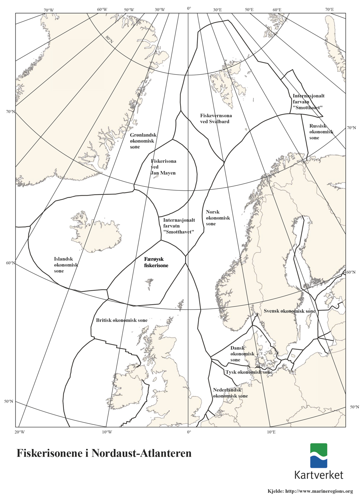 Figur 2.1 Kart som viser dei ulike fiskerisonene i Nordaust-Atlanteren 