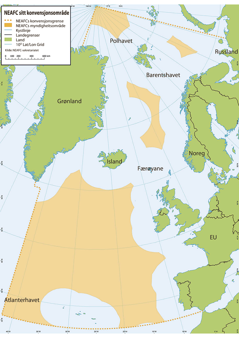 Figur 3.8 NEAFC sitt konvensjonsområde ligg innanfor dei stipla linene, myndigheitsområde er merkte i oransje 