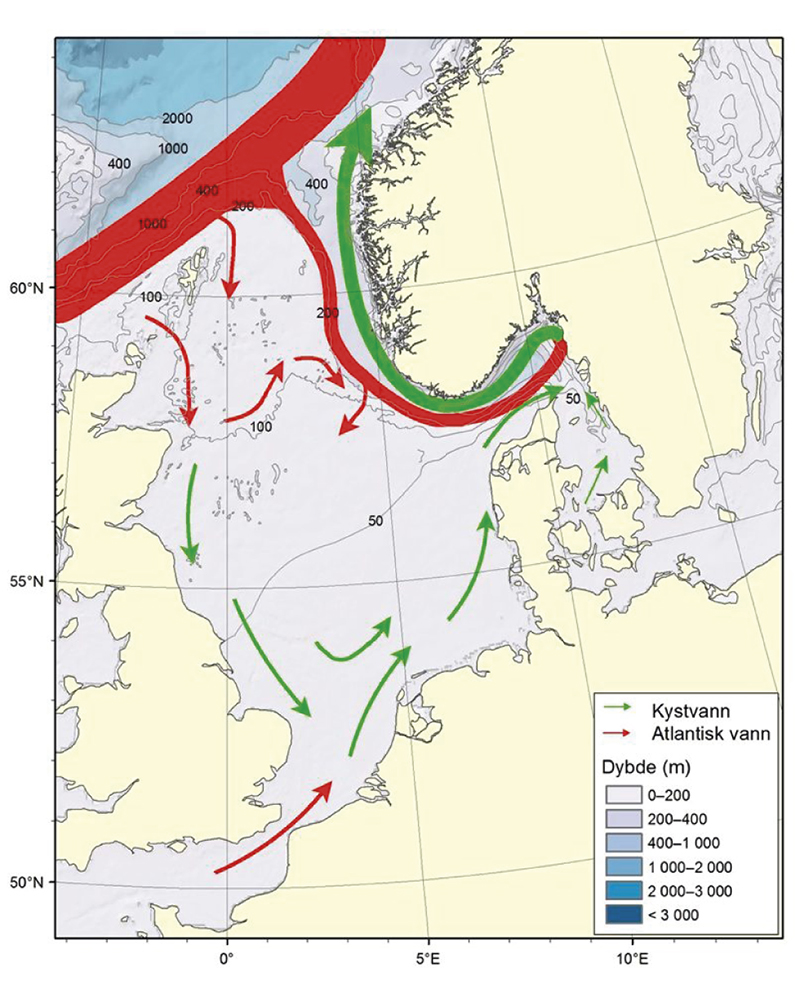 Figur 4.34 Nordsjøen og Skagerrak – straumar og djupn
