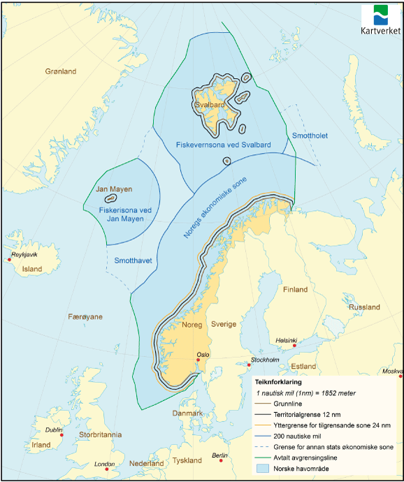 Figur 2.1 viser dei ulike sonene under norsk jurisdiksjon og dei internasjonale havområda Smottholet i Barentshavet og Smotthavet i Norskehavet.