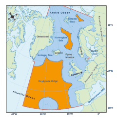 Figur 3.3 NEAFC sitt konvensjonsområde merka i blått, myndigheitsområde er merka i oransje. 