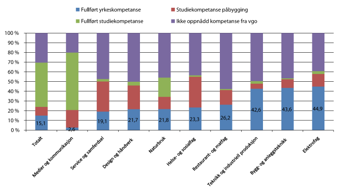 Figur 3.14 Kompetanseoppnåelse fem år etter påbegynt videregående opplæring, 2006.