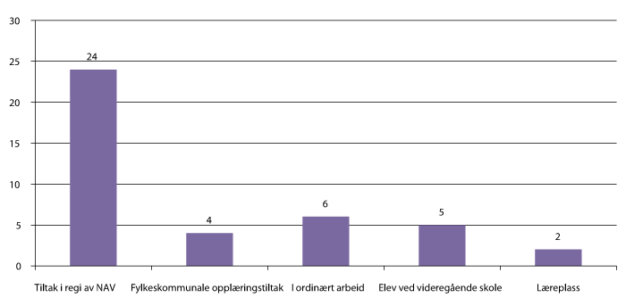 Figur 5.8 Status for oppfølgingstjenestens målgruppe skoleåret 2011–2012 etter aktivitetstype, per 15. juni 2012.