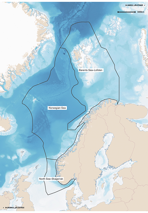 Figure 2.4 Map of the three management plan areas: the Barents Sea–Lofoten area, the Norwegian Sea and the North Sea and Skagerrak.