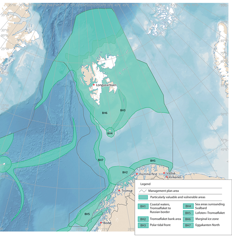 Figure 3.10 Particularly valuable and vulnerable areas in the Barents Sea-Lofoten management plan area.