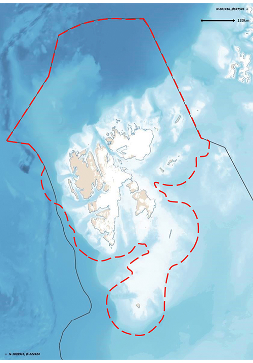 Figure 3.12 Preliminary demarcation of the particularly valuable and vulnerable area sea areas surrounding Svalbard, as proposed by the Forum for Integrated Ocean Management.