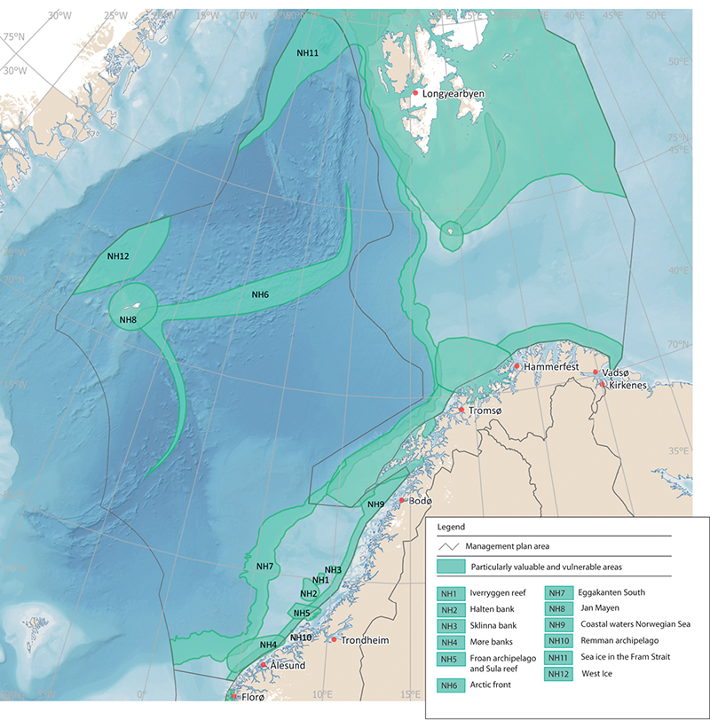 Figure 3.23 Particularly valuable and vulnerable areas in the Norwegian Sea management plan area.