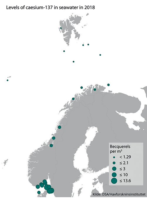 Figure 3.27 Levels of caesium-137 measured in seawater in 2018.