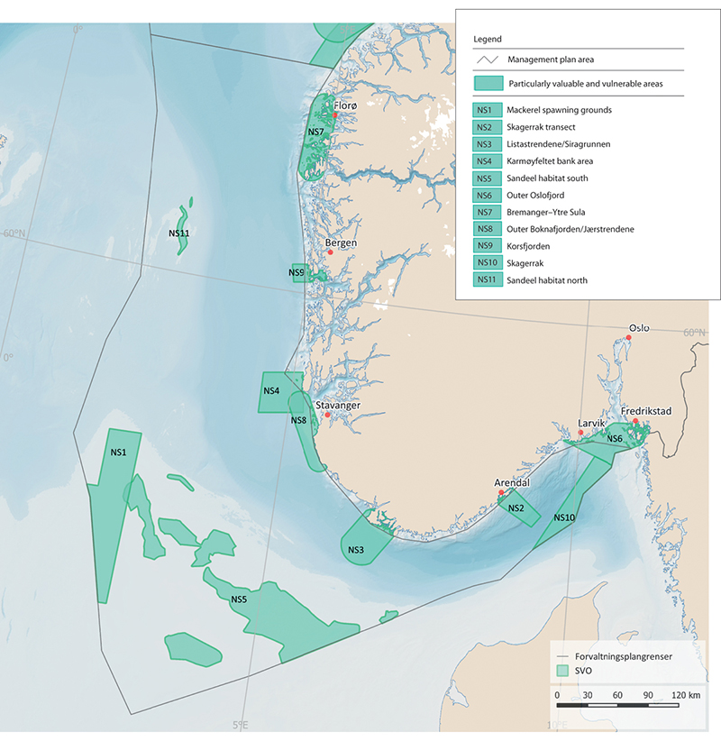 Figure 3.28 Particularly valuable and vulnerable areas in the North Sea–Skagerrak management plan area.