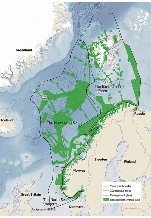 Figure 3.32 Areas where the MAREANO programme has mapped depth and topography or obtained data from other sources.