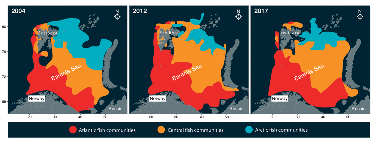 Figure 3.4 Changes in the distribution of Atlantic, central and Arctic fish communities in the Barents Sea from 2004 to 2017. The axes show longitude and latitude.