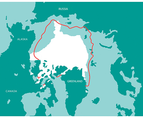 Figure 4.5 The map shows sea ice extent in the Arctic (white area) in September 2018. The red line shows the 1981 to 2010 average extent for the same month. Based on satellite images and the Sea Ice Index from the US National Snow & Ice Data Center.