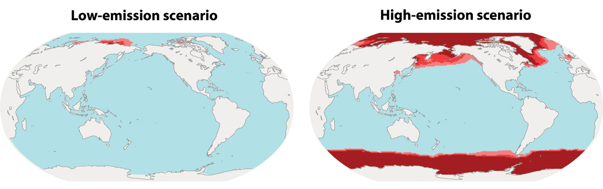 Figure 4.6 Projected distribution of aragonite undersaturation caused by ocean acidification towards the end of this century. Red shading indicates the areas where greatest acidification is expected. The two maps show a low-emission scenario (left, RCP2.6) and ...