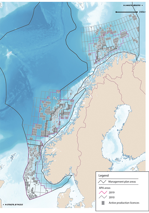 Figure 5.13 Map showing active production licences and expansion of the acreage covered by the system of awards in predefined areas (APA), from APA 2010 to APA 2019.