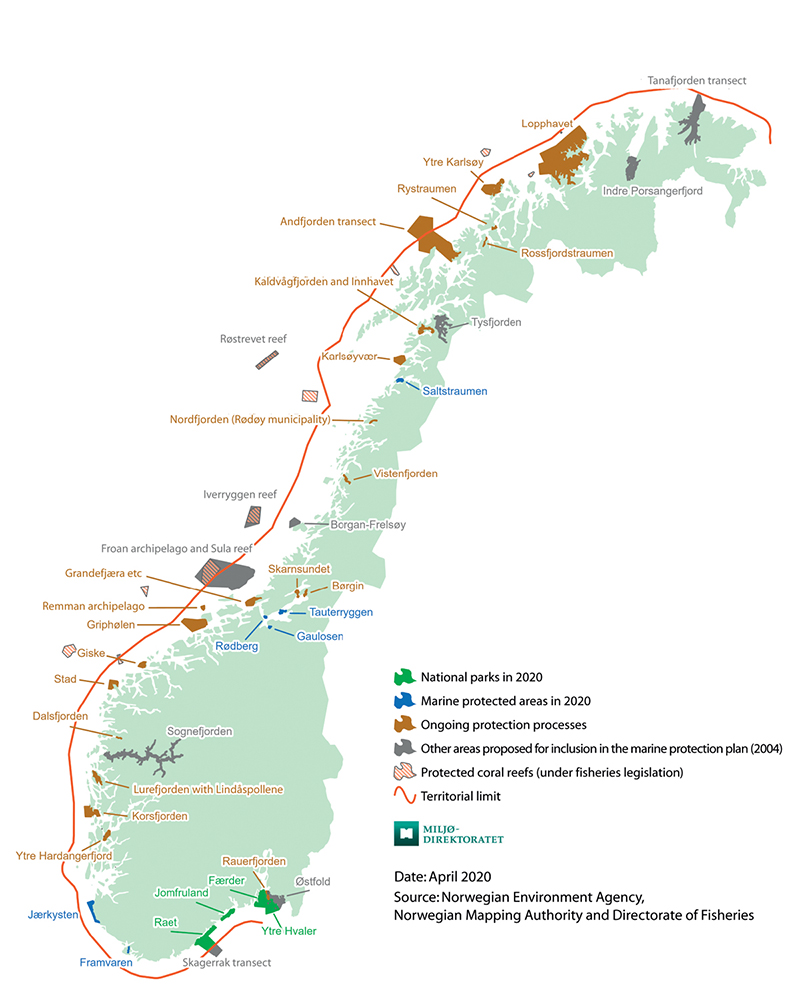 Figure 7.7 Existing and planned marine protected areas around mainland Norway.