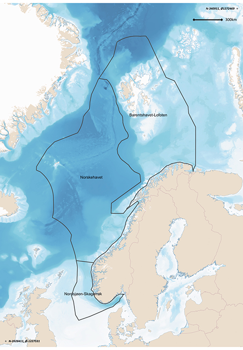 Figur 2.4 Kart over forvaltningsplanområdene i Barentshavet–Lofoten, Norskehavet, og Nordsjøen–Skagerrak.