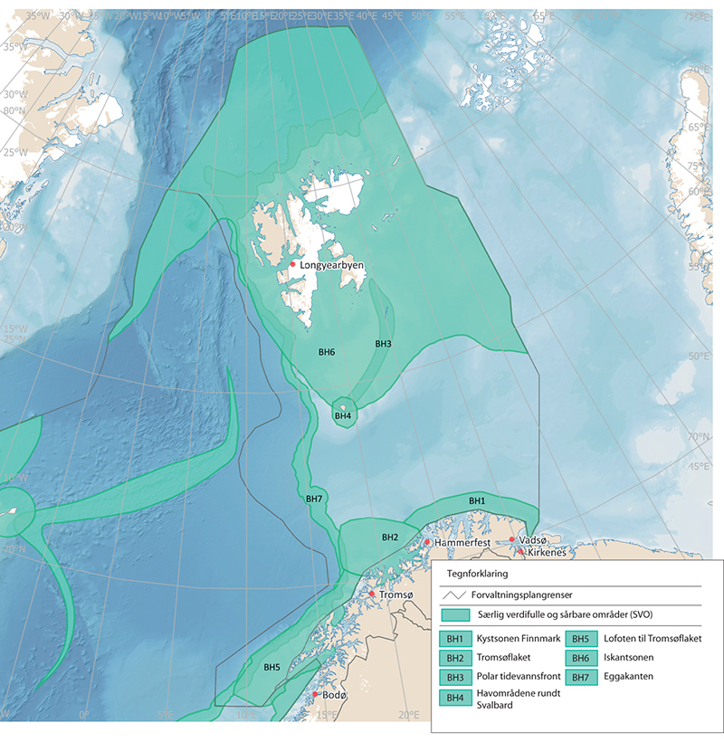 Figur 3.10 Særlig verdifulle og sårbare områder i Barentshavet–Lofoten.