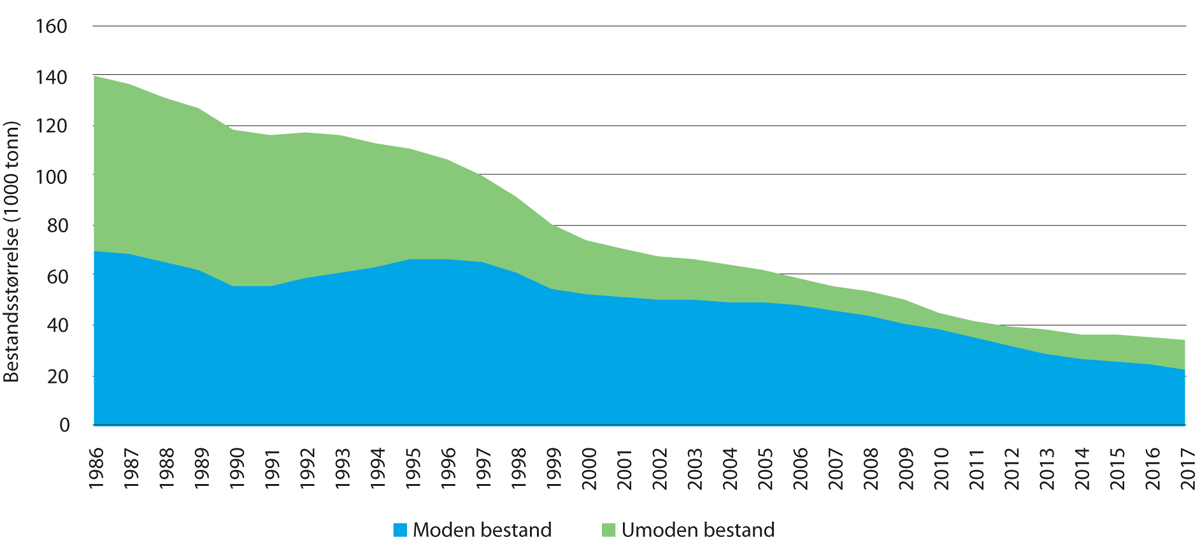 Figur 3.16 Datasettet viser beregnede størrelser av moden og umoden bestand av vanlig uer i Barentshavet og Norskehavet. Til sammen angir dette totalbestand.