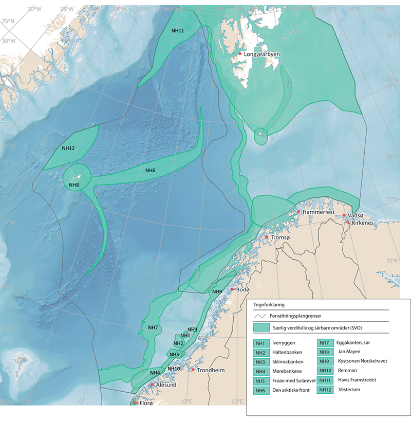 Figur 3.23 Særlig verdifulle og sårbare områder i Norskehavet.