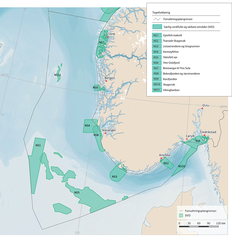 Figur 3.28 Særlig verdifulle og sårbare områder i Nordsjøen og Skagerrak.
