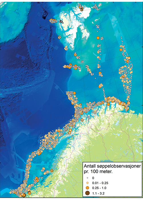 Figur 3.30 Observasjoner av avfall på havbunnen i Barentshavet og Norskehavet.