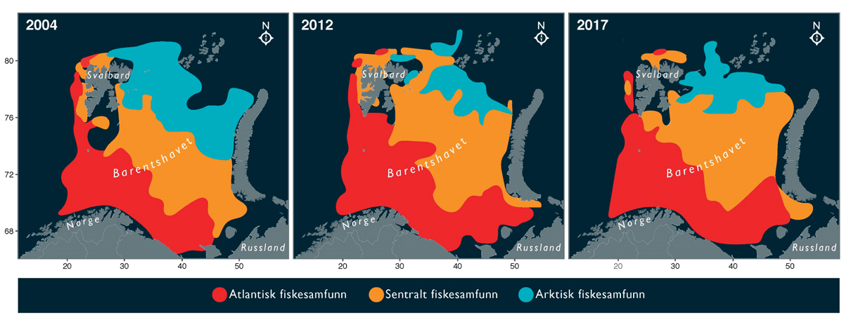 Figur 3.4 Endring i utbredelse av atlantiske, sentrale og arktiske fiskesamfunn i Barentshavet fra 2004 til 2017. Aksene i figuren angir lengde- og breddegrad.